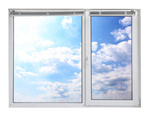 Blue sky with clouds, view through plastic window