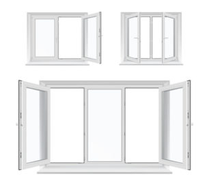 Windows with opened casements, vector white plastic frames
